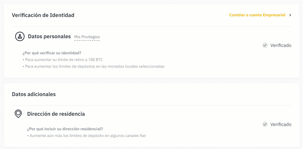 Límites y verificaciones en Binance.