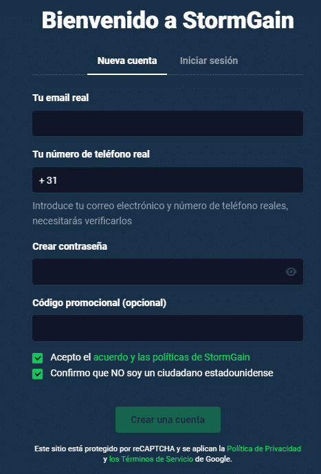 Abrir una cuenta en Stormgain 
