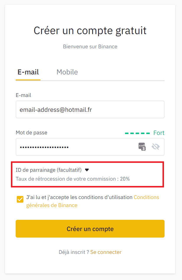 Utiliser le code ID de parrainage Binance