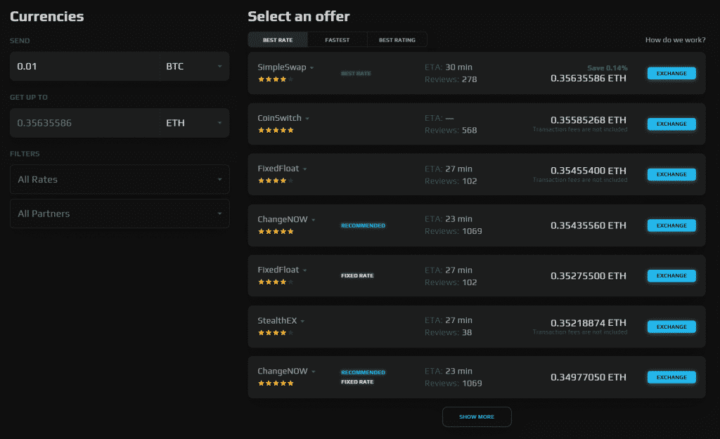 Swapzone exchange offers